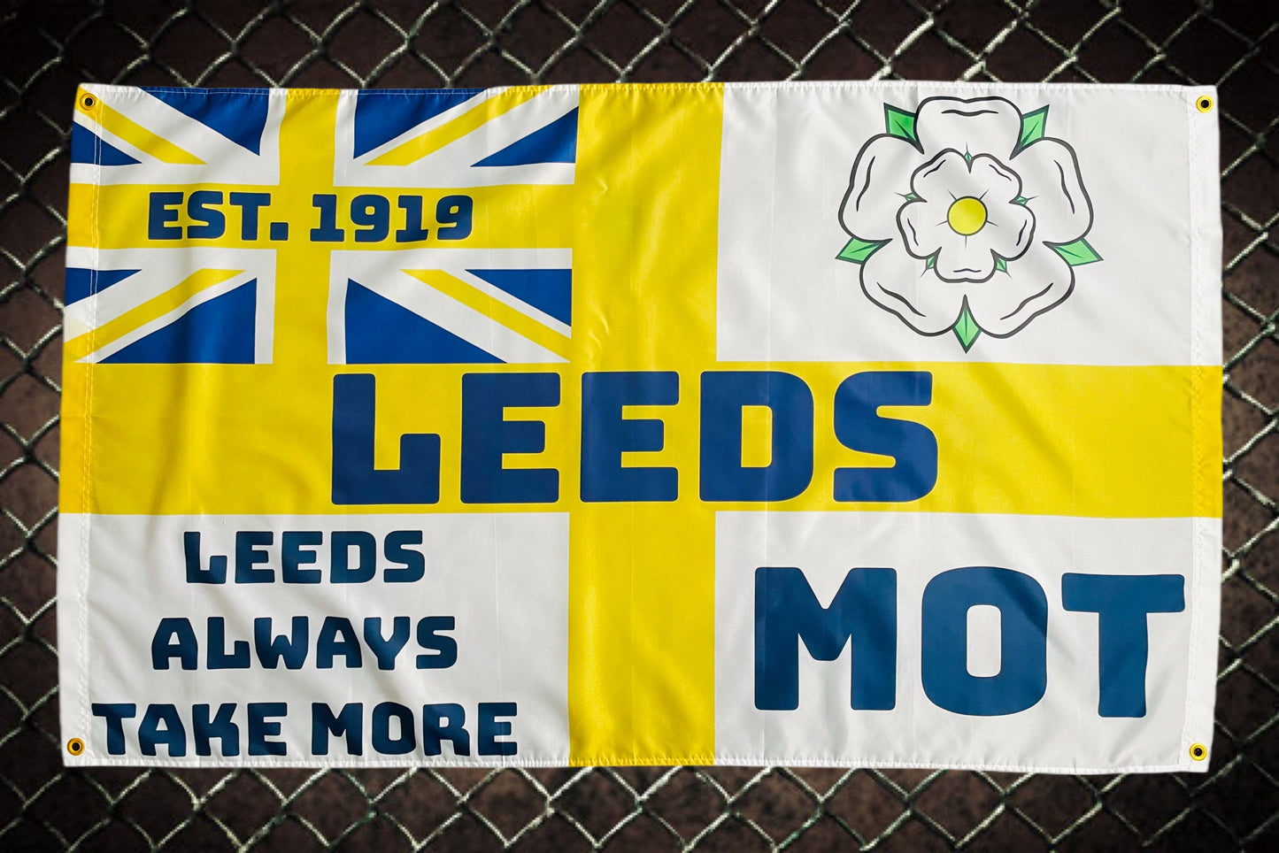 'LEEDS ALWAYS TAKE MORE' FLAG - WHITE/YELLOW