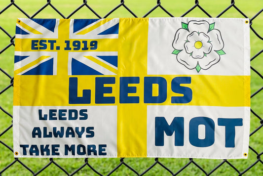 'LEEDS ALWAYS TAKE MORE' FLAG - WHITE/YELLOW